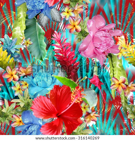 Vivid tropical pattern with colorful exotic flowers hibiscus, plumeria, frangipani, banana lifs, palm leaf, and tropical plants on an art deco backdrop. Floral design - Photo collage