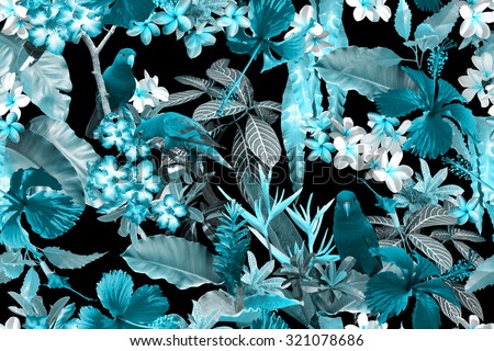 Floral tropical Seamless pattern. Monochrome tropical camouflage tropical trees and flowers. Realistic photo collage of parrots on a branch, hibiscus, plants, leaves on a black background.