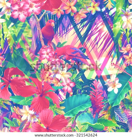 Realistic floral pattern with tropical birds parrots, exotic leaves and tropical plants on a geometric background. Beautiful flower template on a sunset backdrop