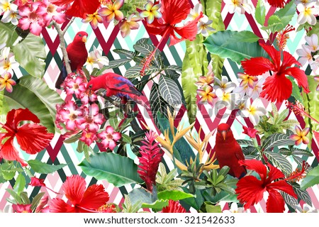 Beautiful floral pattern on a colorful rhombus ornament. Tropical floral landscape seamless pattern. Realistic tropical flowers hibiscus on a geometric backdrop with red parrots and blossom flowers