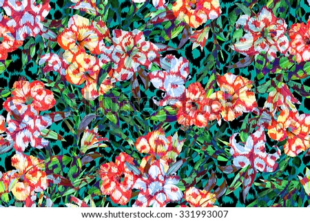 Colorful animal pattern with vivid tropical flowers on a leopard background. Exotic flowers on an animal spots