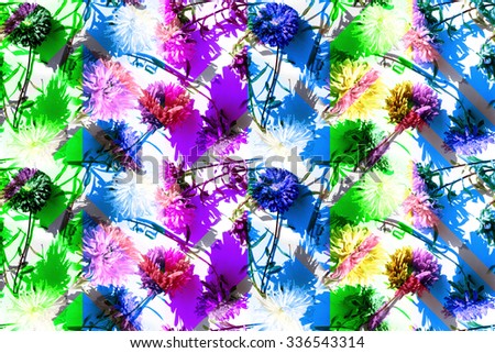 Floral seamless pattern with blossom Asters on a light green backdrop. Gently vintage floral template. Realistic artistic pattern - Photo Collage abstract background.