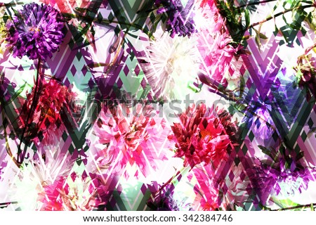 Vibrant floral pattern with colorful floral design on a rhombus geometric background. Photo collage of flowers Asters on a chevron zig zag backdrop. Artwork with effect layering for floral design.