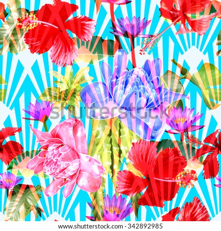 Spring floral seamless on a stripes pattern. Abstract floral collage with tropical flowers on a blue geometric background. Artwork template for floral design. Layering effect with soft focus.
