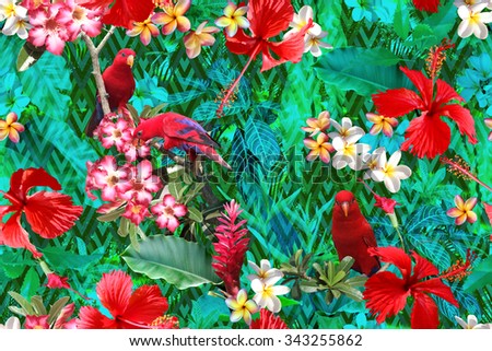 Red tropical flowers pattern with red birds on a brunch. Tropical background on a geometric ornament chevron. Vivid stripes with exotic plants and palm tree. Layering, translucent effect floral design