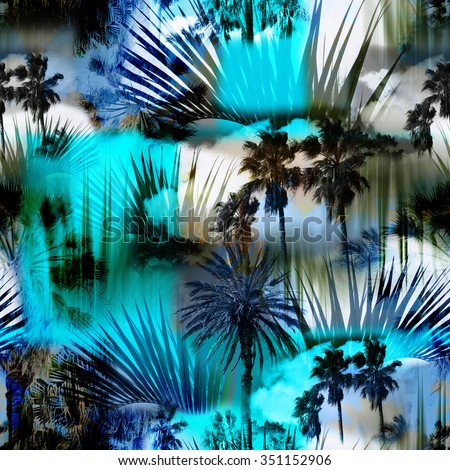 Blue Abstract tropical pattern seamless with palm leaves on a tropical background. Palm trees on a colorful blue backdrop. Photo collage clip-art with slow focus and layers effect.