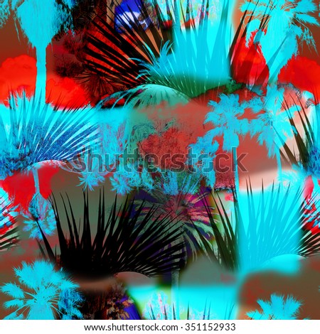 Blue tropical pattern seamless with colorful palm trees. Vibrant tropical pattern. Palm trees background. Photo collage clip-art with slow focus and layers effect.