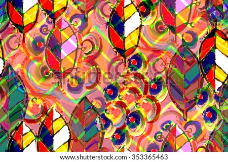 Leaves abstract pattern seamless with modern art idea. Red artistic watercolor painting handmade modern art. Excellent artwork design. Colorful leaf pattern on a zigzag ornament. Ethnic pattern.