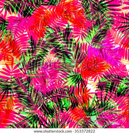 Red tropical pattern floral jungle background. Vibrant leaves and plants red, magenta, green colors. Palms leaves pattern. Watercolor painting palm leafs with layers effect.