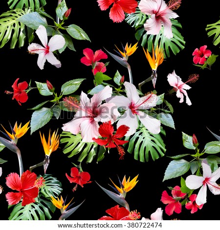 Realistic flowers pattern seamless. CLIP ART - photo collage. Beautiful artistic tropical flowers for floral design.