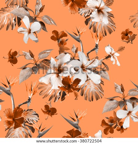 Tropical floral print. Clip art - photo collage. Vintage realistic vintage flowers seamless pattern.