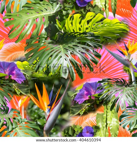 Floral clip art with colors and layers effect! Seamless pattern. Tropical background with palm, banana, monstera leaves, blossom flowers.