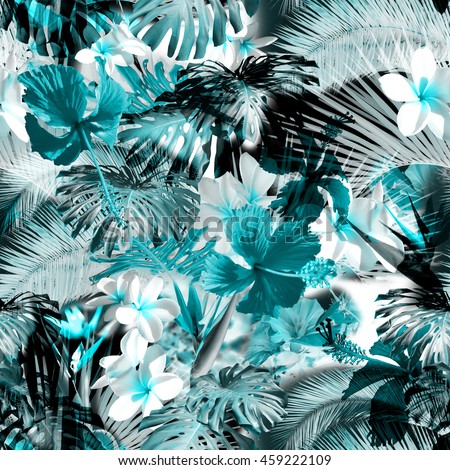 Tropical floral pattern. Exotic leaves and flowers seamless pattern. Beautiful photo collage.