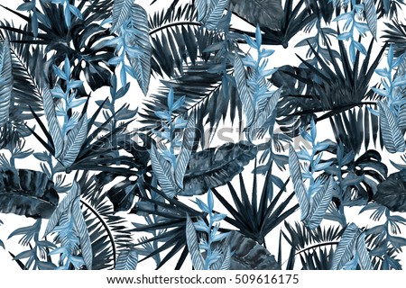 Blue dark floral pattern leaves background. Palm leaf and banana leaves tropical flowers strelizia. Watercolor painting tropical leaves illustration seamless pattern.