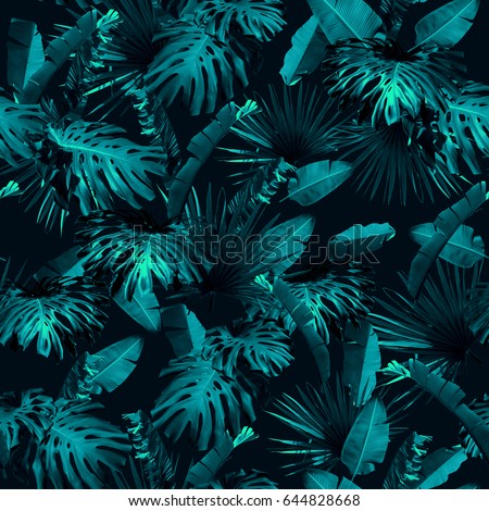 Tropical leaves pattern repeating. Foliage dark blue leaf exotic plants seamless. Artistic photo collage for floral print. Natural leaves palm, banana, monstera template background.