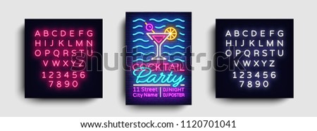 Cocktail party poster neon vector. Summer party design template, bright neon brochure, modern trend design, light banner, typography invitation to the party, postcard. Vector. Editing text neon sign