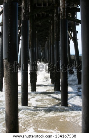 The Pacific Ocean under the Seal Beach Pier in Southern California USA