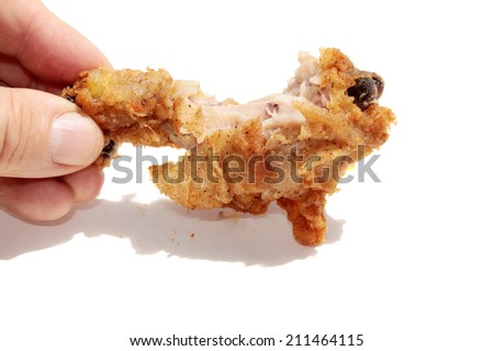Genuine Piping Hot Golden Brown Deep Fried Chicken pieces isolated on white with room for your text. Fried Chicken is eaten and enjoyed around the world by hungry people everywhere. partially eaten