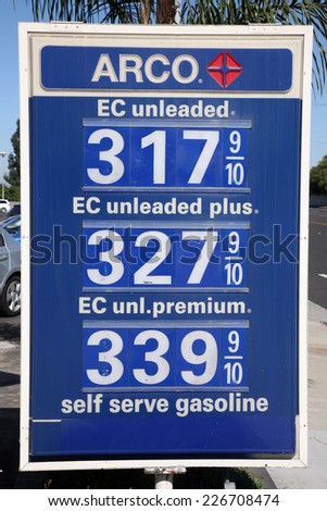 HUNTINGTON BEACH CALIFORNIA, USA - OCTOBER 24, 2014: Gas prices at ARCO on October 24, 2013 in Huntington Beach, AKA SURF CITY, California. Arco gas is usually .10 cents per gallon cheaper than others