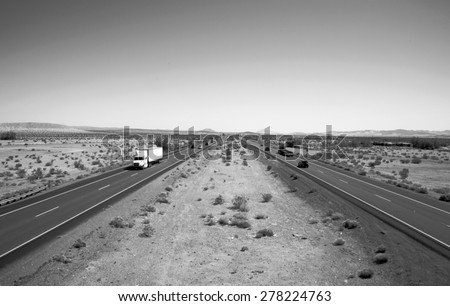 Unique View of the Interstate 15 Freeway from an overpass heading North towards Las Vegas, Nevada and South towards Los Angeles California. I15 is the main freeway between Las Vegas and Los Angeles