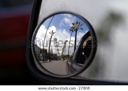 a car side view mirror shows a reflection of palm trees lined up along a city street with white fluffy clouds