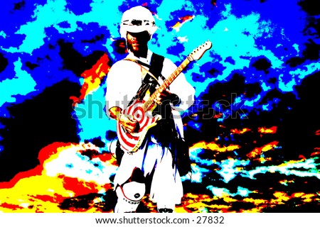 a pop art version of a guy playing a guitar against a wild colored sky