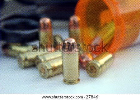 Pop Art of .45 cal bullets comming out of pill bottle a .45 cal hand gun