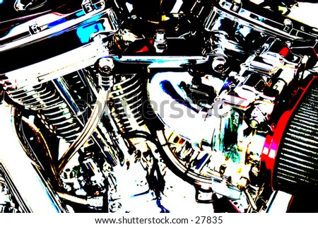 pop art version of a v-twin motorcycle engine showing chrome and a air filter