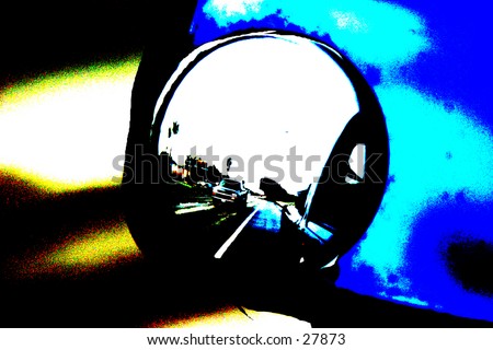 pop art view of a car side mirror with reflections of the road behind