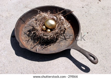 golden eggs in a bird nest in a frying pan representing finincial freedom and security in the image of a Nest Egg