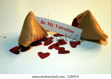 Be my Valentine Fortune cookie on white foam core with metalic red hearts