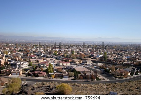 stock photo View of Santa Fe New Mexico homes and land