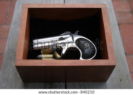 Circa 1889, Model 95, Type II Model 3 Double Derringer in its wooden display box on black velvet and shells