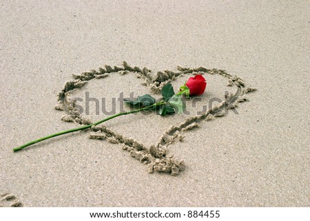 Rose in a heart in the sand for Valentines Day