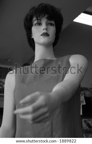 second hand store mannequin in black and white
