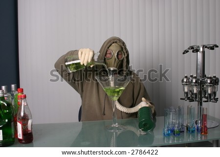 bartender in a gas mask, name your poison concept \