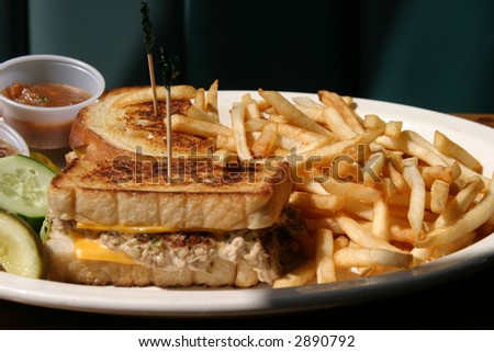 close up of tuna melt with freedom fries for lunch in a diner in Huntington Beach California aka Surf City