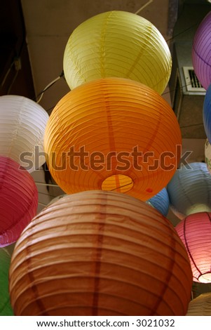 round colorful paper lamps in china town in los angeles california