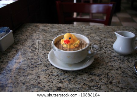 rubber duck, floats in a cup of coffee in a restaurant
