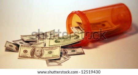 Money pours out of a pill bottle representing the high cost of health care and medication concepts