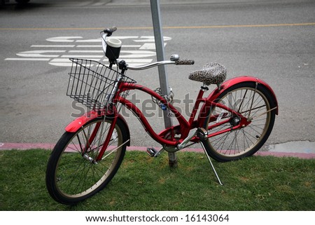 a pretty red bicycle with a leopardprint seat