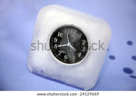 a clock frozen in ice representing the concept of being \
