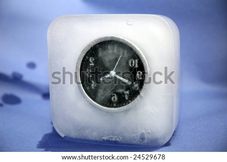 a clock frozen in ice representing the concept of being \