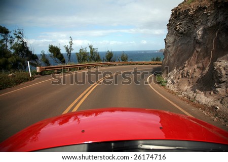view of maui from a convertiable rental car with \