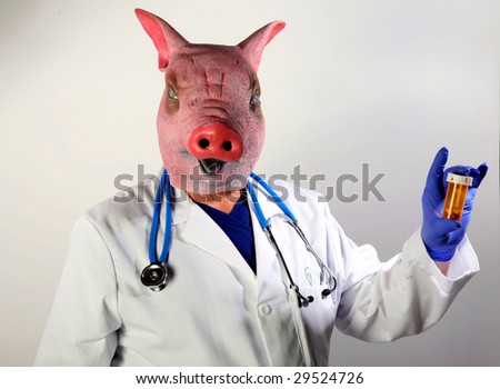 A Doctor in a Pig Mask holds a bottle of pills representing the Mexican Swine Flu Pandemic