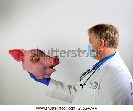 A Doctor in a Paper Mask holds a rubber pig mask representing the Mexican Swine Flu Pandemic