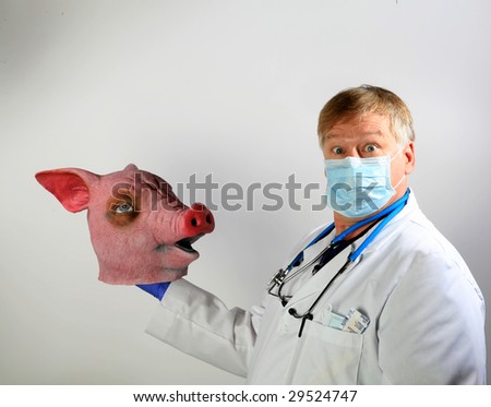 A Doctor in a Paper Mask holds a rubber pig mask representing the Mexican Swine Flu Pandemic