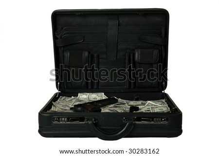 brief case full of cash and a handgun isolated on white
