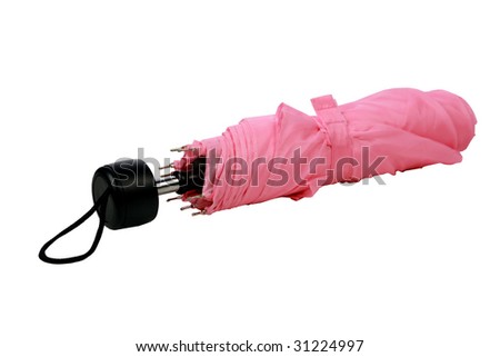 Folded Up Pink Umbrella Isolated On White Folded Up Pink Umbrella Isolated On White Stock Photo