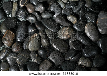 Low Key Studio Shot of black shiny rocks with water-drops on them  Isolated on black
